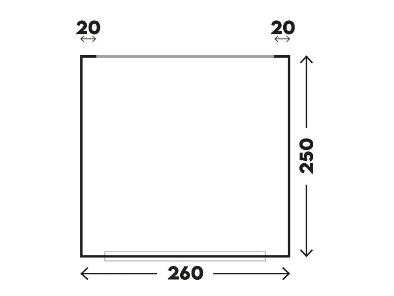 Grundriss des Telta Pure 260 Vorzelts mit Maßen 260 x 250 cm und eingezeichneten Seitenabständen