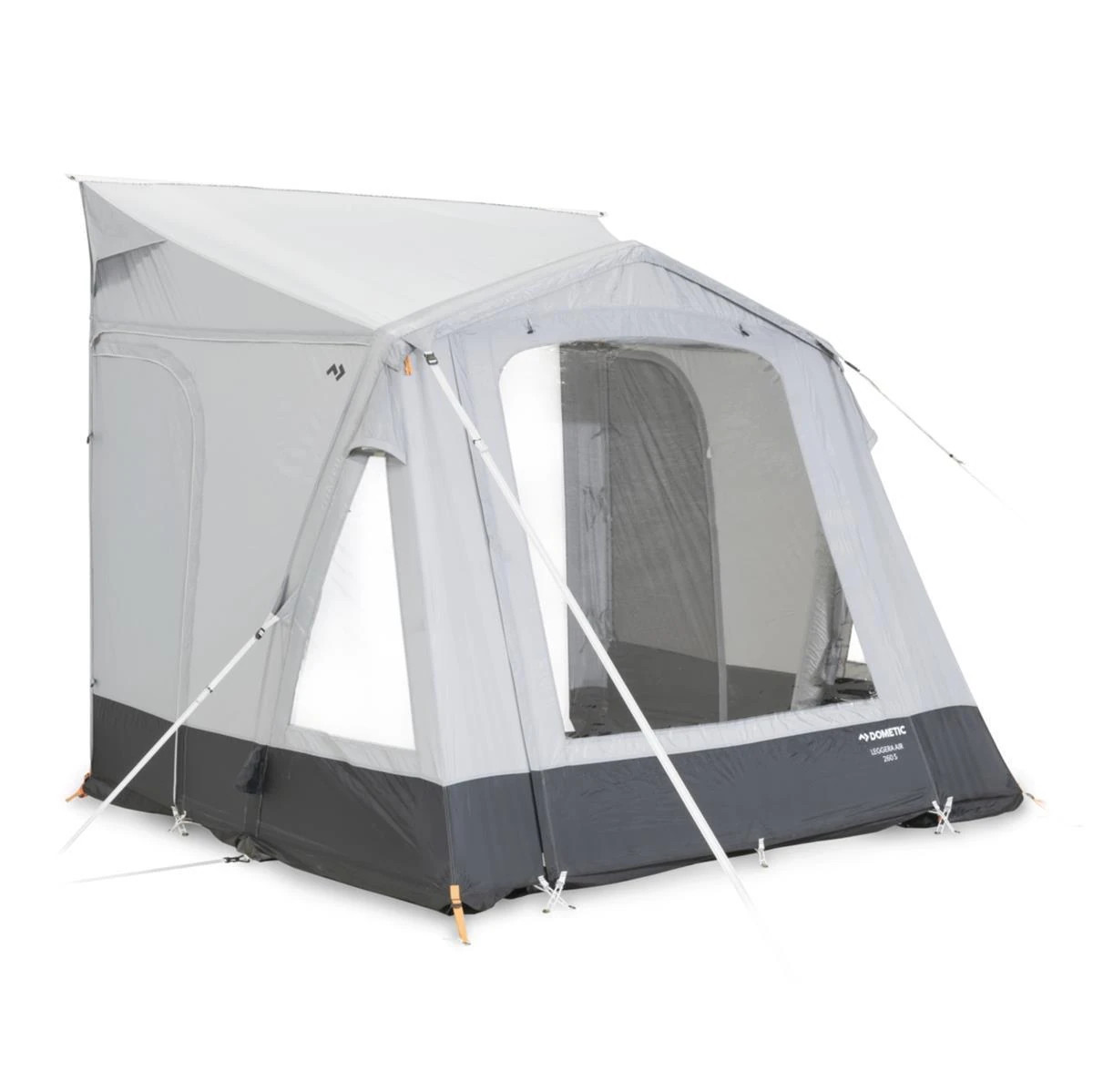 Geschlossenes Dometic Leggera AIR 260 M Vorzelt mit großem Frontfenster und dunklem Spritzschutz.