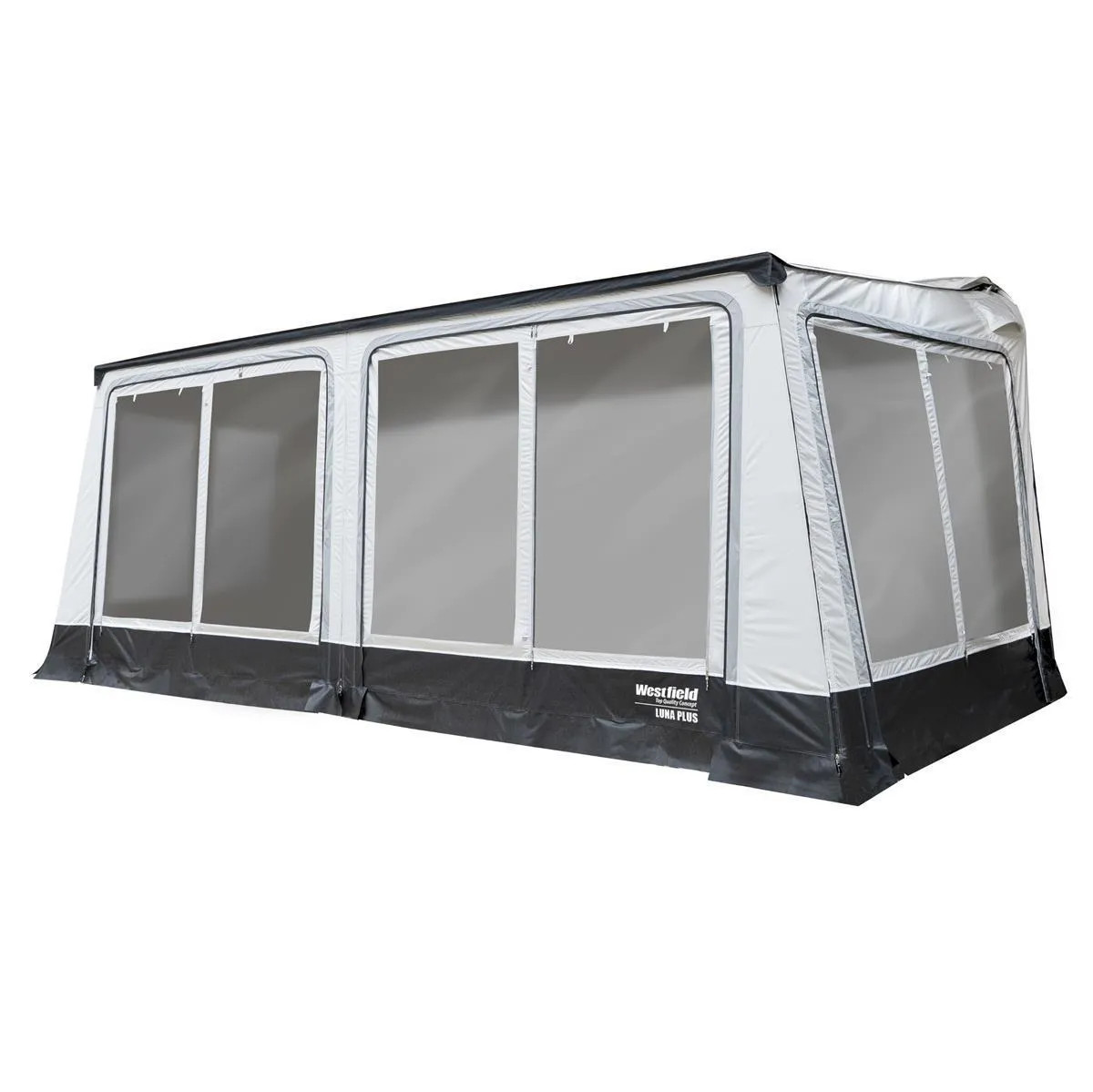 In Schrägansicht gezeigtes Westfield Luna Plus 11 Markisenzelt mit großen Fensterflächen und Seitenwand
