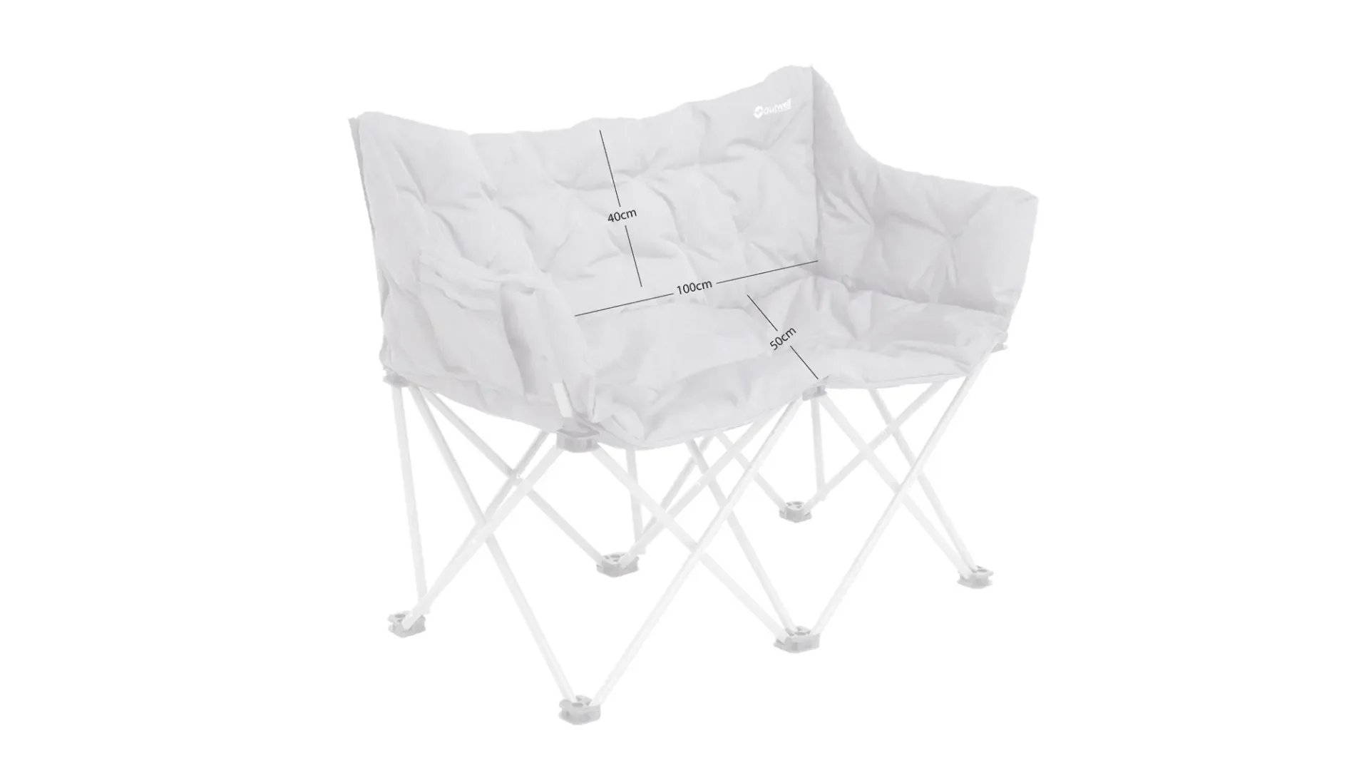 Die Maßgrafik zeigt beim Outwell Sardis Lake Sofa Sitzbreite, Sitztiefe und Rückenlehne in Zentimetern.