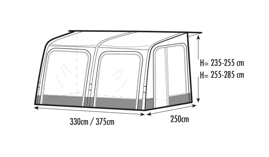 Maßskizze des Westfield Vega 375 Luftvorzelts mit Abmessungen und Anbauhöhen 255–285 cm dargestellt