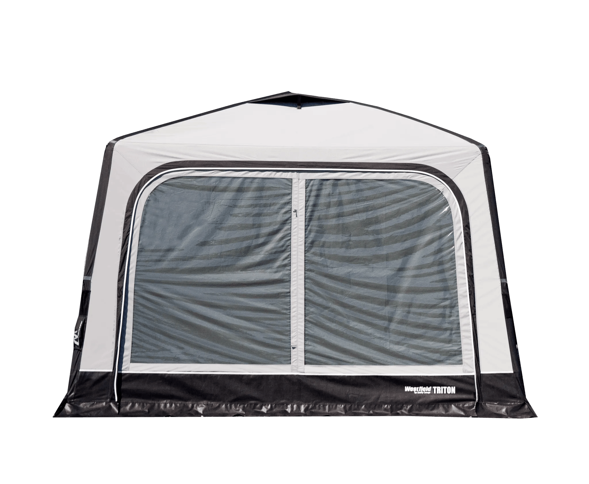 Geschlossene Front mit großem Panoramafenster am Westfield Triton Pavillon Luftvorzelt