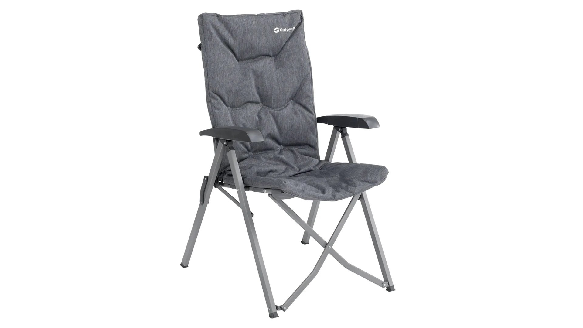 Grauer Outwell Yellowstone Lake Hochlehner mit weicher Polsterung, schwarzen Armlehnen und stabilem Klappgestell.