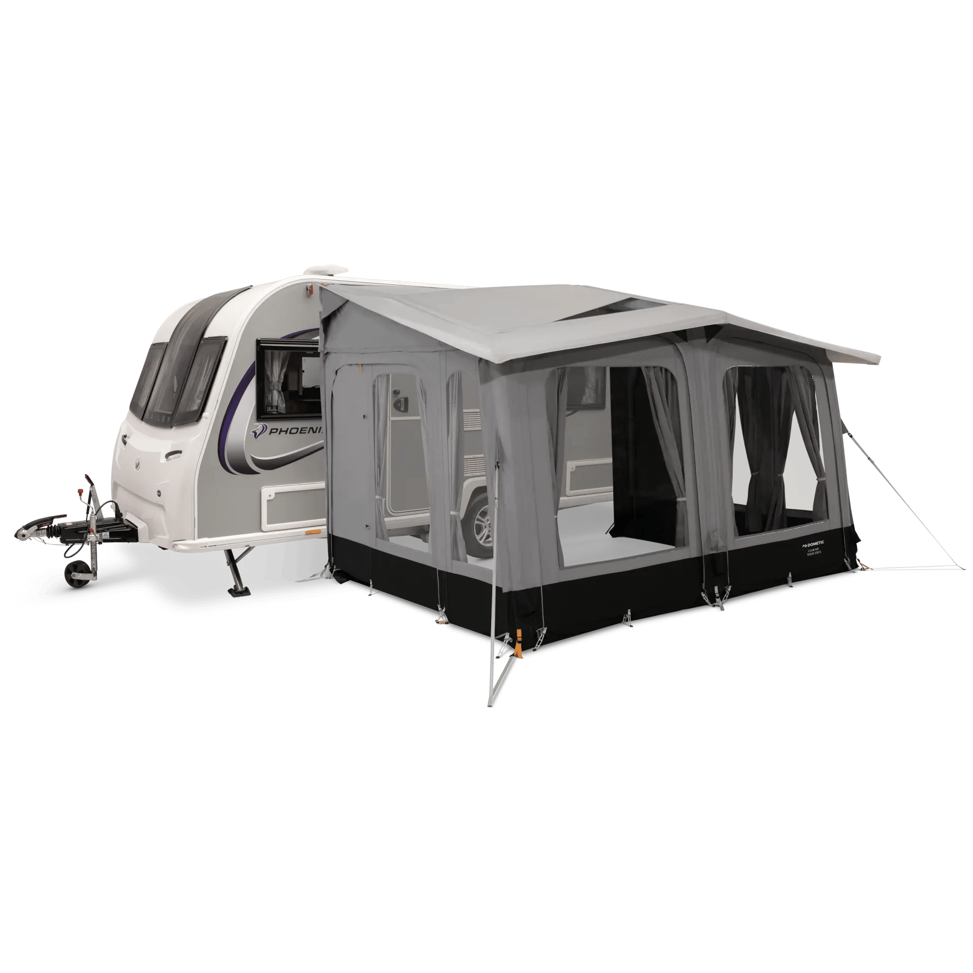Dometic Club AIR Tour 390 S Vorzelt am Wohnwagen montiert in schräger Außenansicht