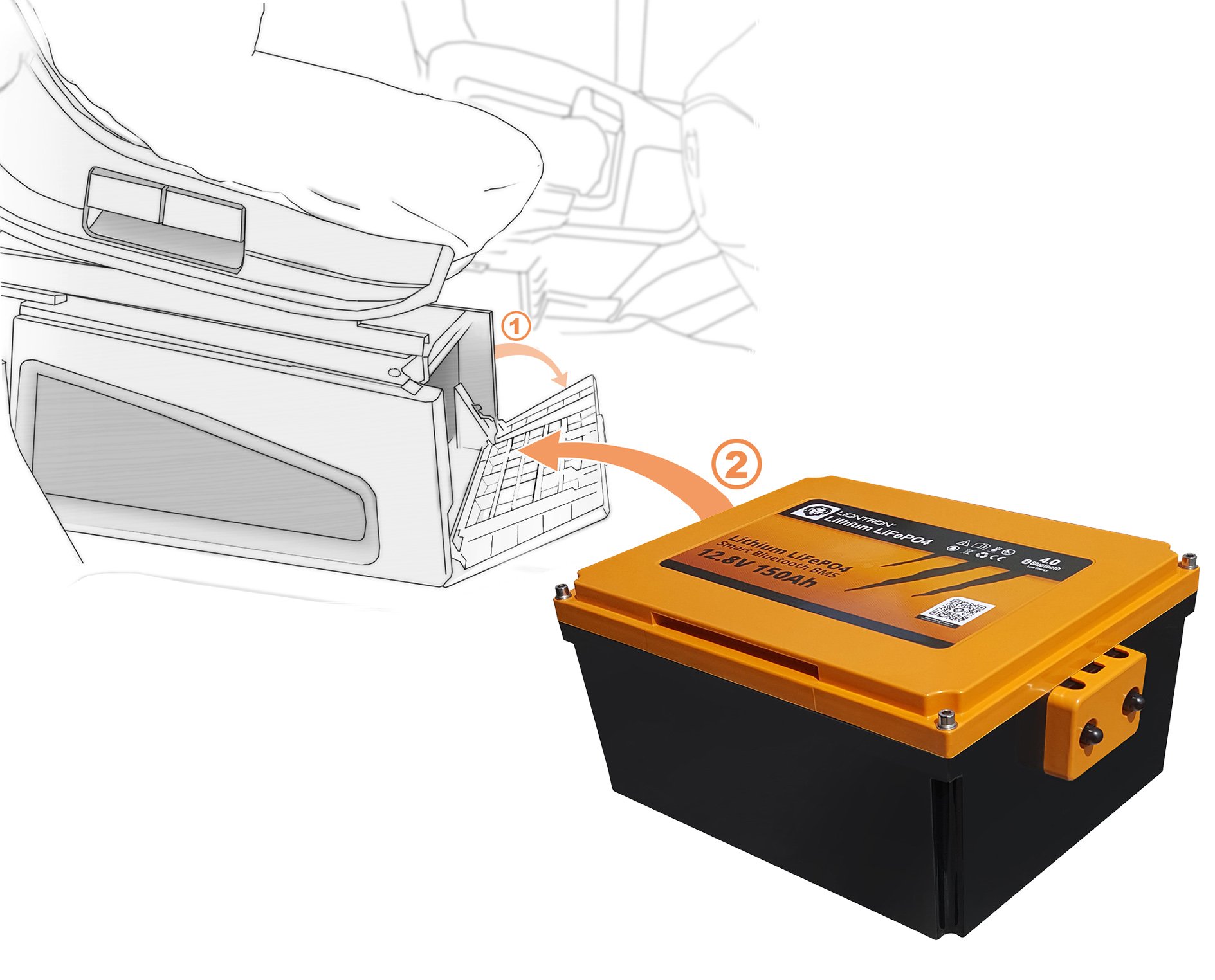 Lithium iron phosphate LiFePO4 12.8V 150A Under-Seat Battery with bluetooth