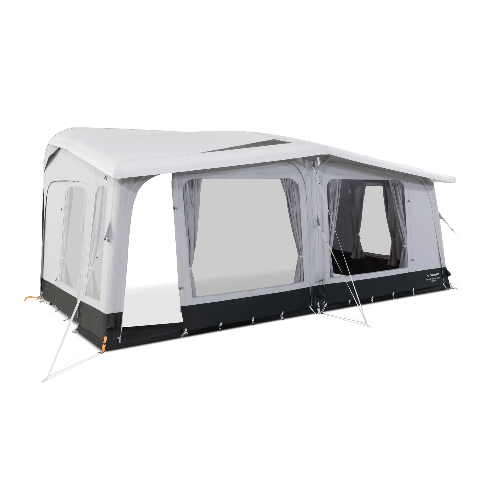 Seitenansicht eines geöffneten Dometic Residence AIR Tour 18 Vorzelts mit hochgerollten Frontpanelen, großen Fenstern und luftiger Raumwirkung
