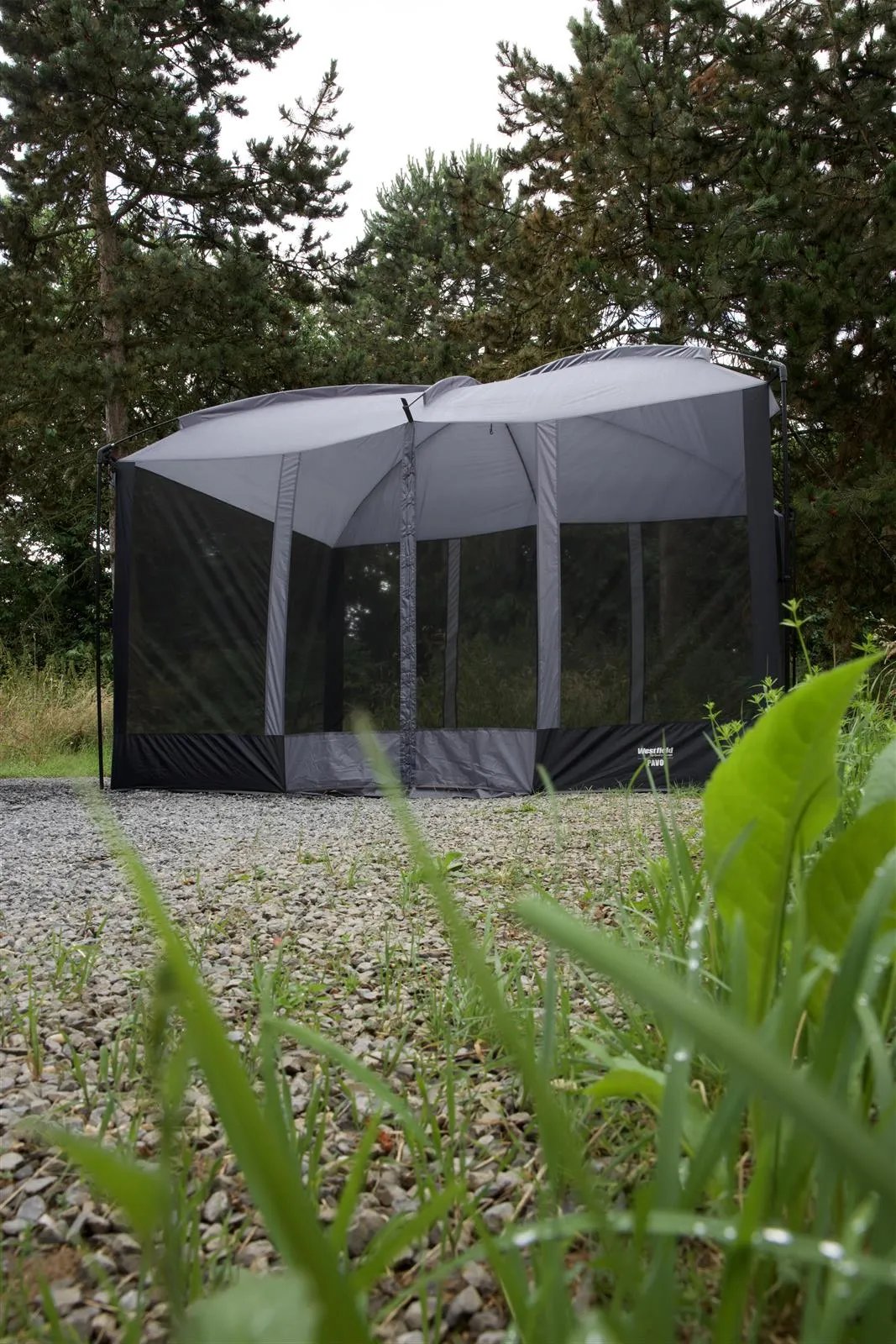Im Grünen aufgebauter Westfield Pavo Camping Pavillon mit umlaufendem Moskitonetz und stabiler Konstruktion