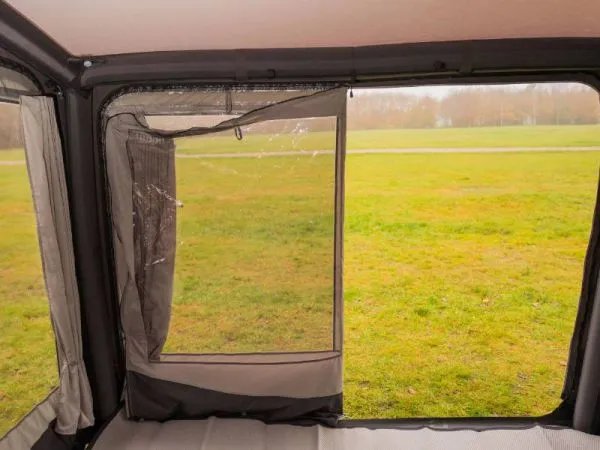 Innenansicht des Telta Core 260 Busvorzelts mit seitlichem Fenster und Blick auf die Wiese im Außenbereich