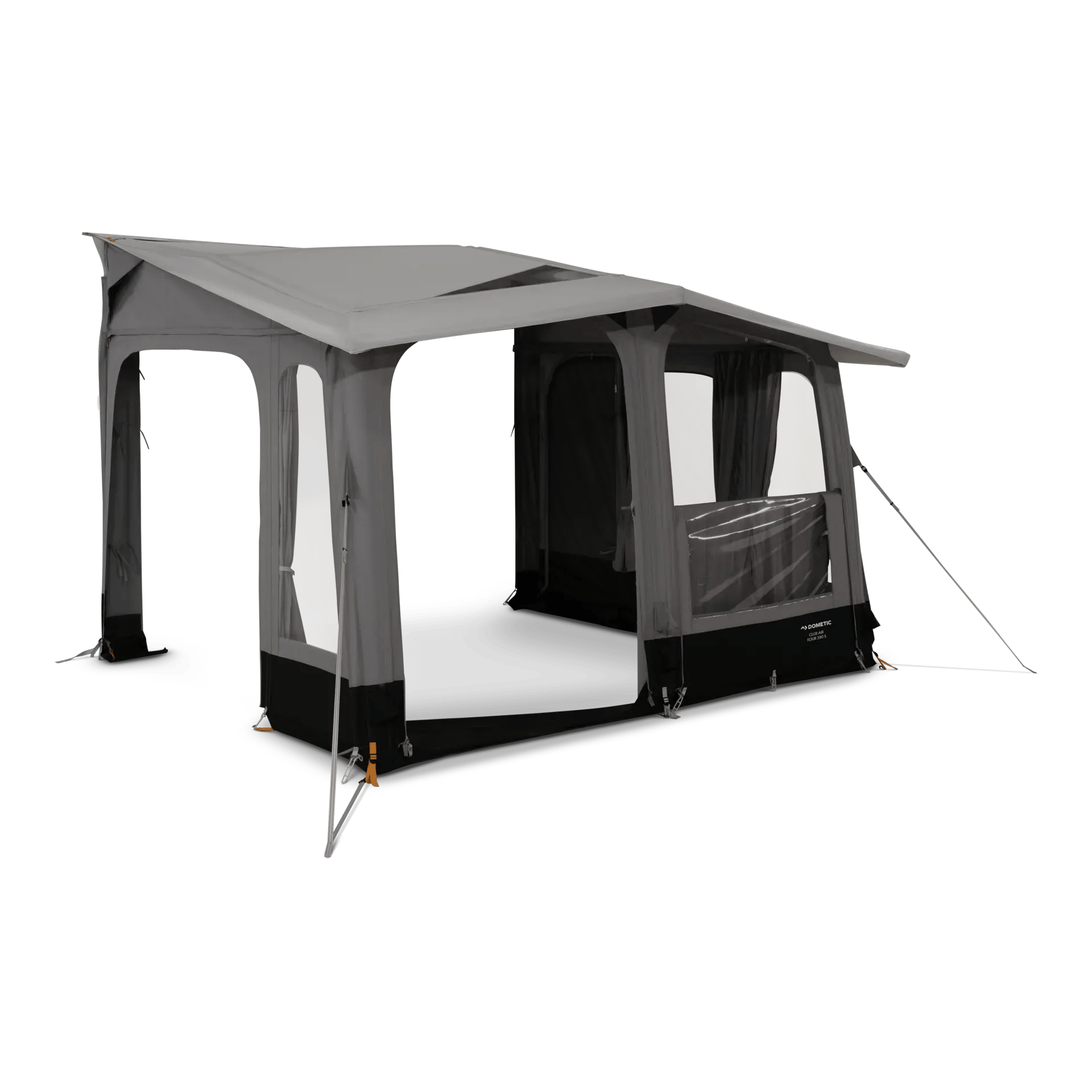 Schrägansicht des Dometic Club AIR Tour 390 S Vorzelts mit geöffneter Seitenwand und freiem Zugang zum Innenraum