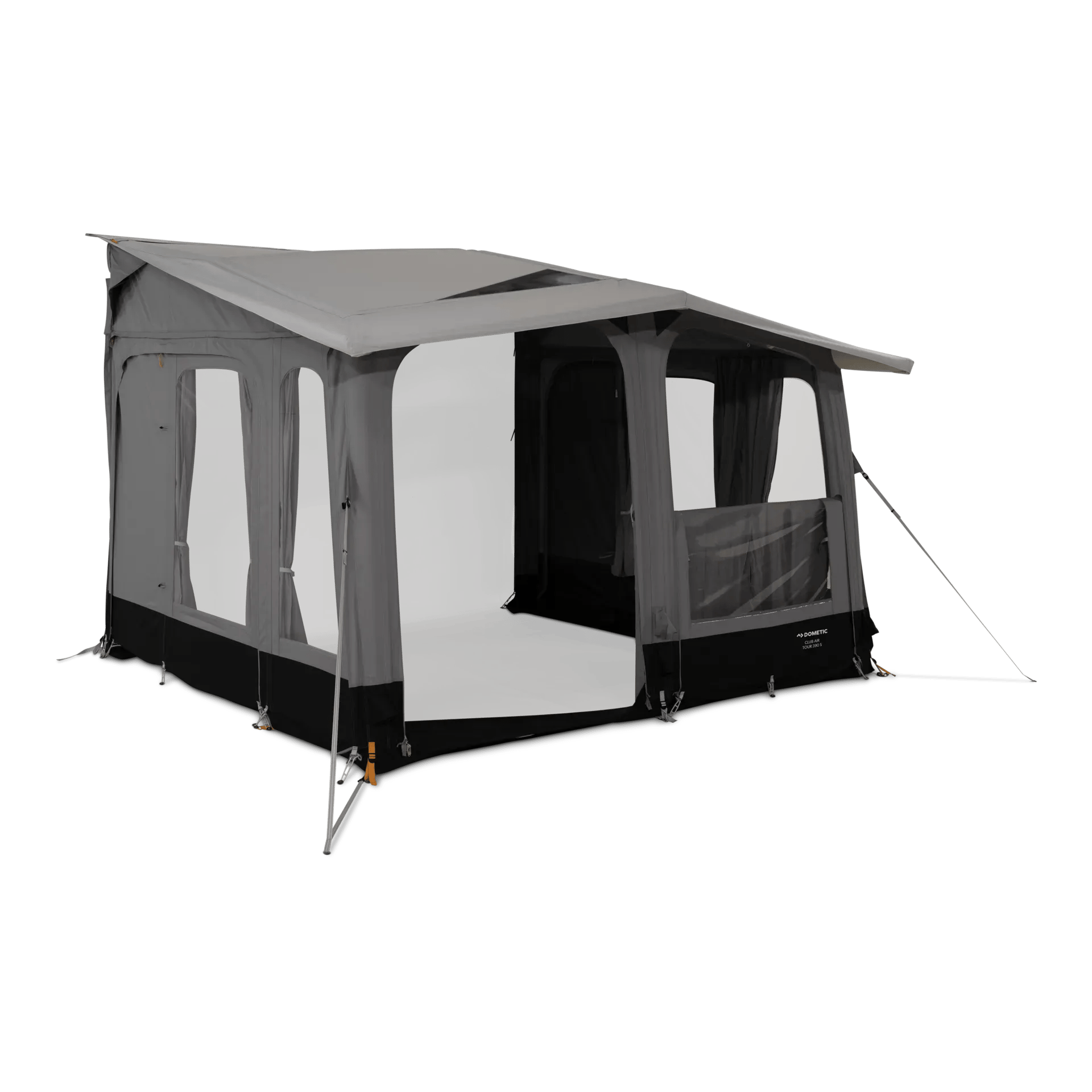 Schrägansicht des Dometic Club AIR Tour 390 S Vorzelts mit teilweise geöffneter Front und seitlichen Fenstern