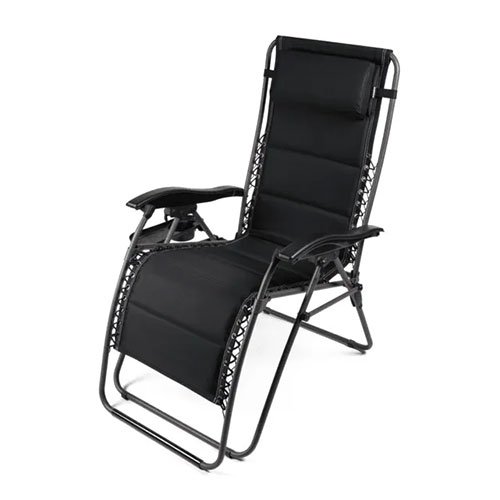 Schwarzer Dometic Opulence Firenze Relaxer mit gepolsterter Sitz- und Rückenfläche, Armlehnen und verstellbarer Liegeposition.