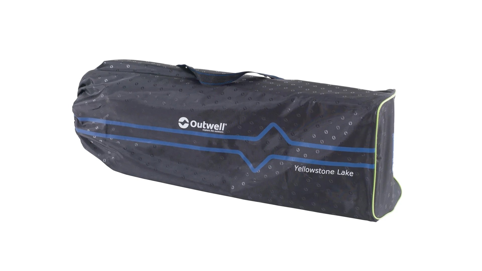Lange schwarze Transporttasche für den Outwell Yellowstone Lake mit blauem Dekor, Tragegriff und Produktaufdruck.