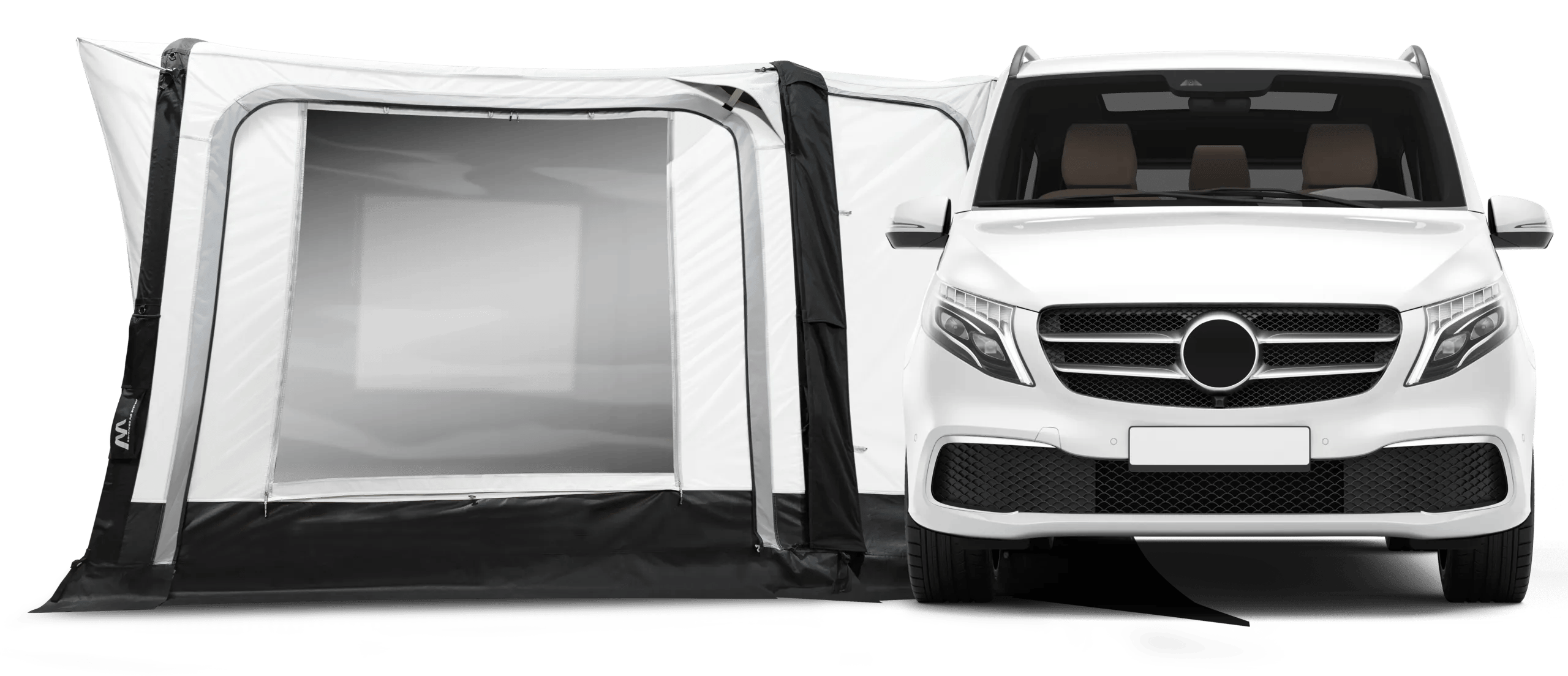 Am Kastenwagen angedockt zeigt das Westfield Orion 2.0 Luftvorzelt große Fensterflächen und eine Verbindungsschleuse