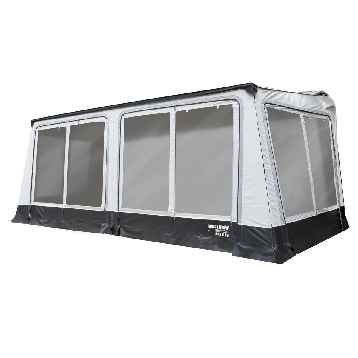 In Schrägansicht gezeigtes Westfield Luna Plus 11 Markisenzelt mit großen Fensterflächen und Seitenwand