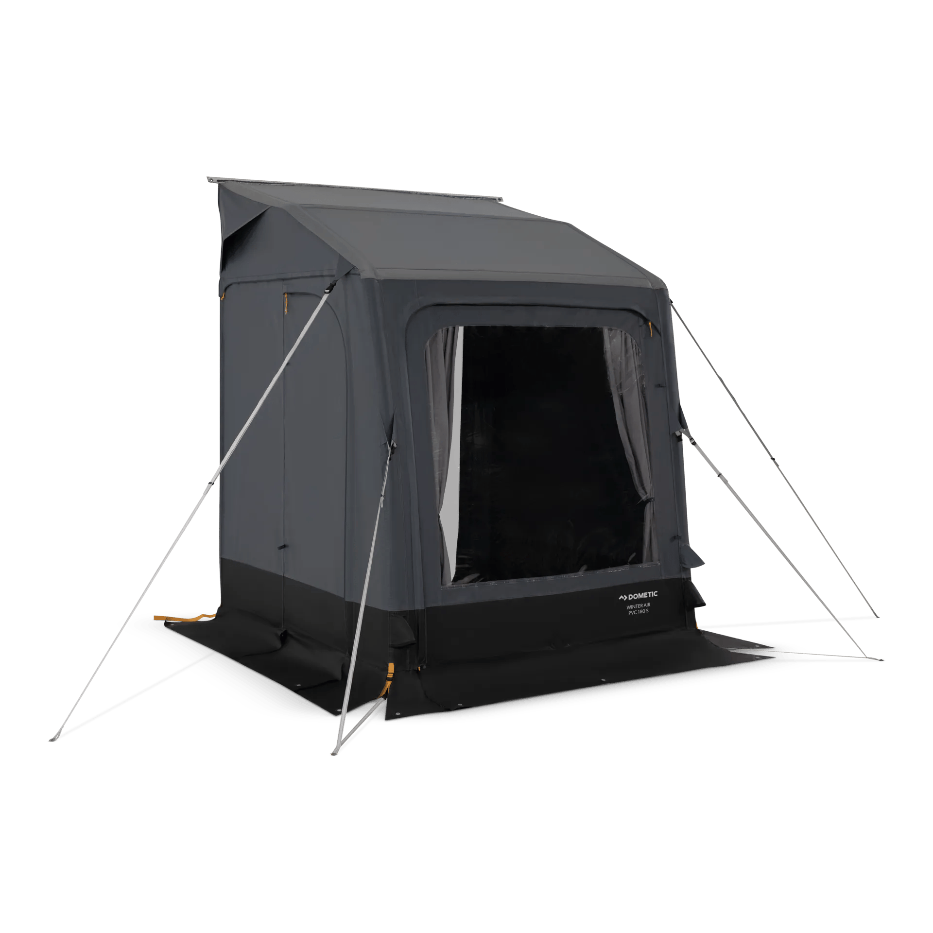 Freistehendes Dometic Winter AIR PVC 180 S Vorzelt mit geschlossenen Seitenwänden, großem Frontfenster und abgespannten Leinen
