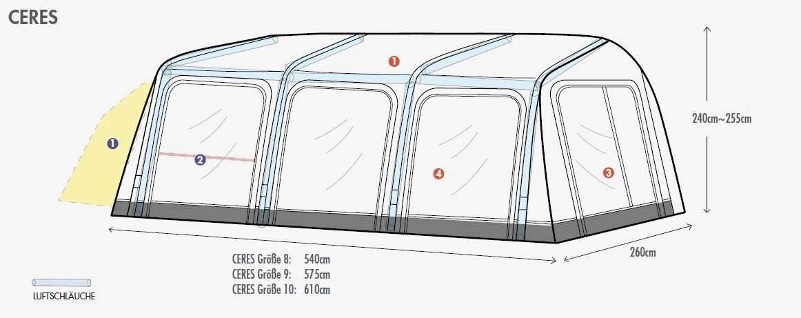 Skizze des Westfield Ceres Luftvorzelts Größe 12 mit Maßangaben und Darstellung der Luftschläuche