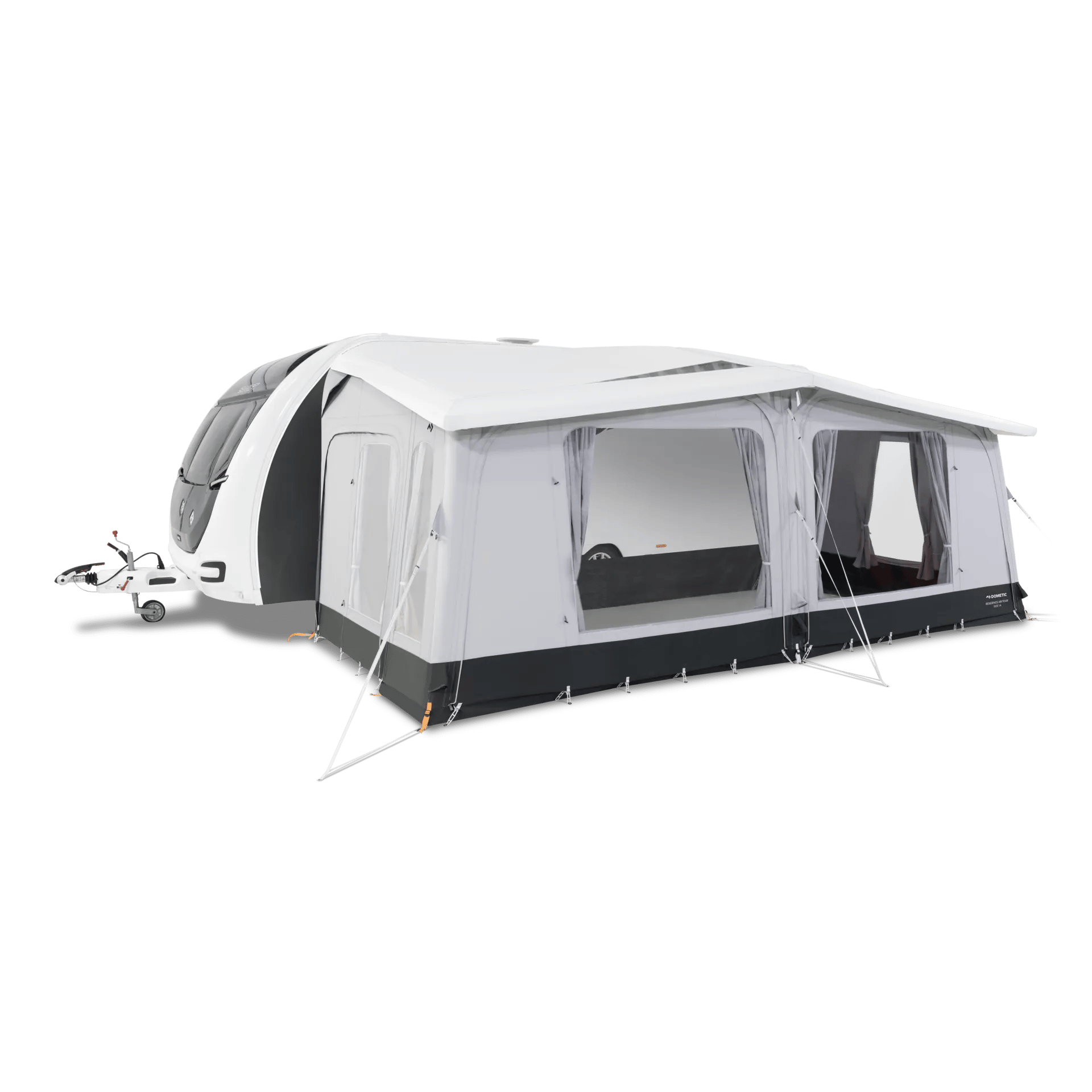 Seitenansicht eines Dometic Residence AIR Tour 18 Vorzelts montiert an einem Wohnwagen mit großen Panoramafenstern und stabiler Abspannung
