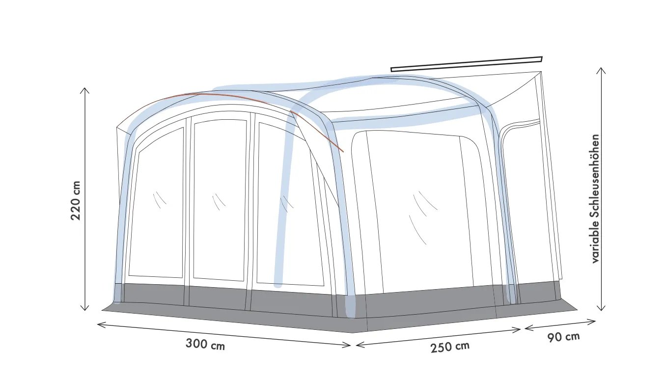 Technische Zeichnung des Westfield Orion 2.0 Luftvorzelts mit Maßen und variabler Schleusenhöhe