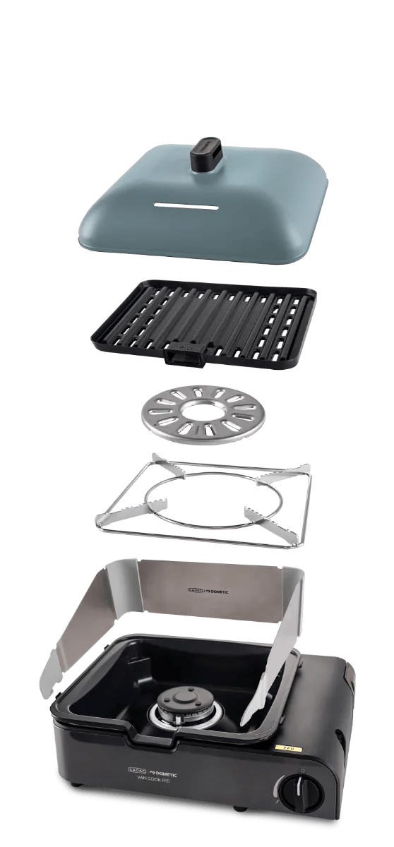Darstellung der Einzelteile des CADAC Van Cook FFD Tischgrills mit Deckel Grillplatte Brenner und Windschutz im Detail