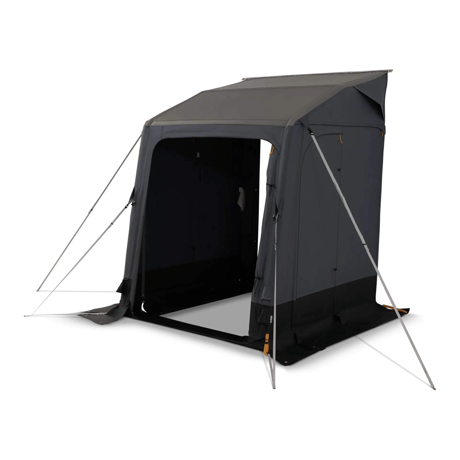 Mit vollständig geöffneter Front zeigt das Dometic Winter AIR PVC 180 S Vorzelt freien Zugang zum Innenraum und stabile Abspannung