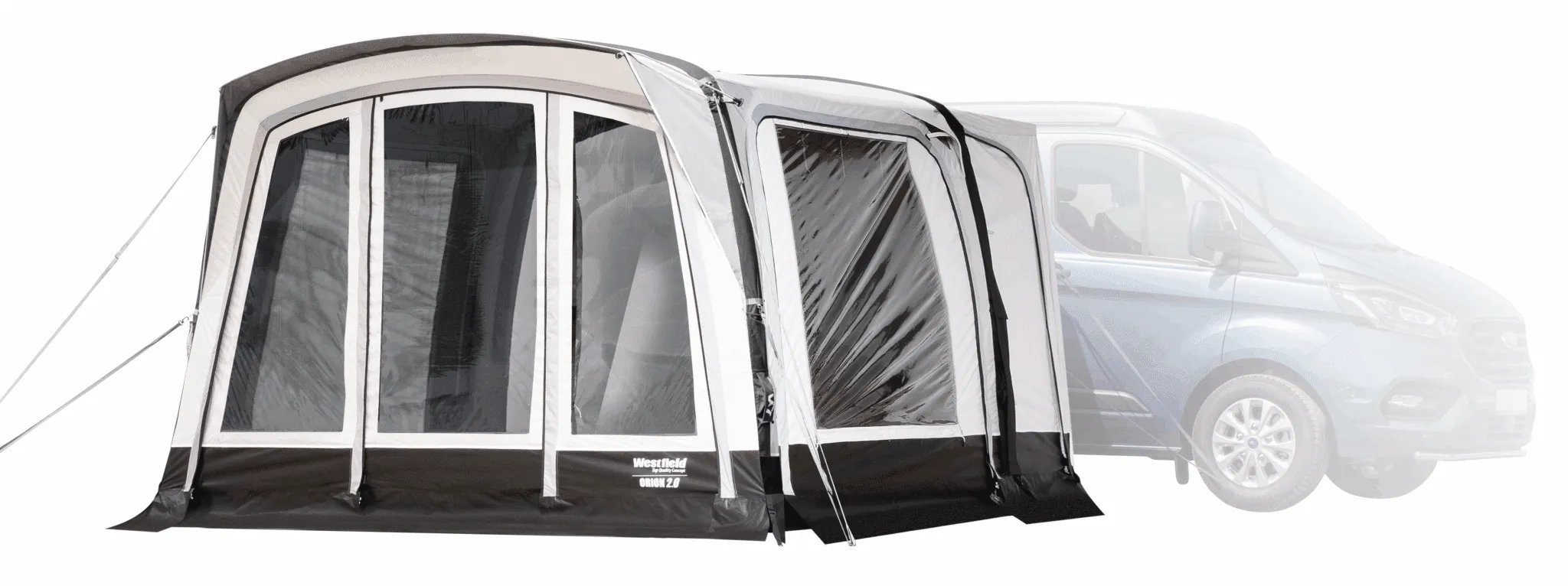 Frontansicht des Westfield Orion 2.0 Luftvorzelts mit Kastenwagen, großer Seitenfläche und Fensteröffnung