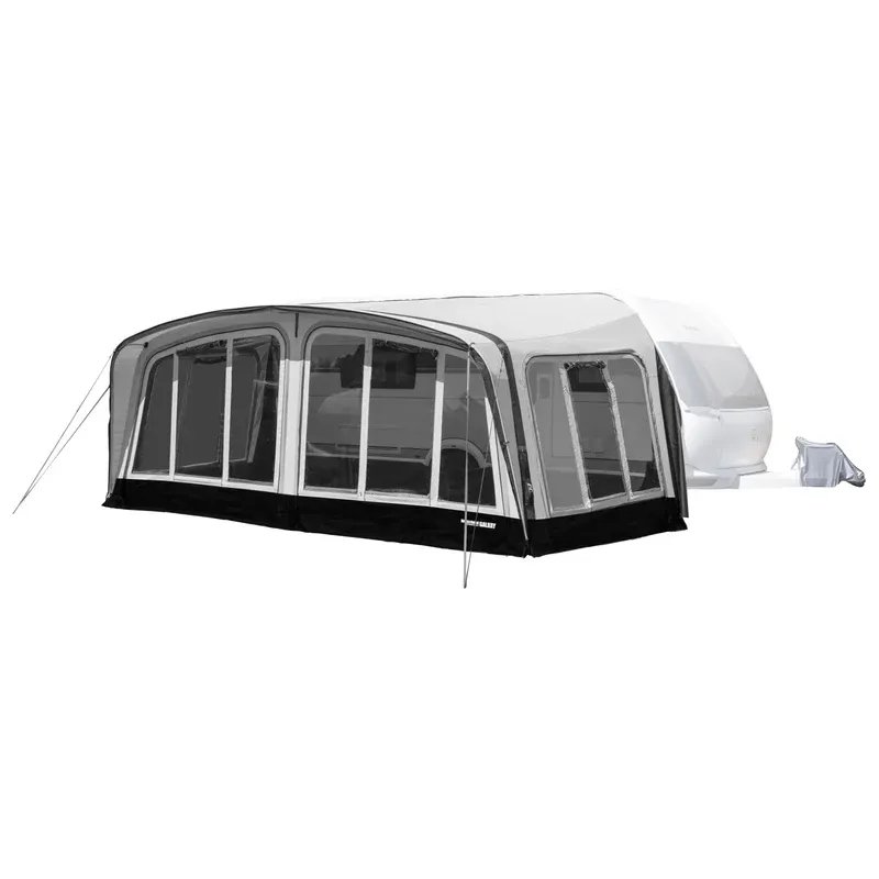 Freigestelltes Westfield Galaxy 10 Vorzelt am Wohnwagen mit grossen Fensterflaechen und Luftgestaenge fuer komfortables Camping