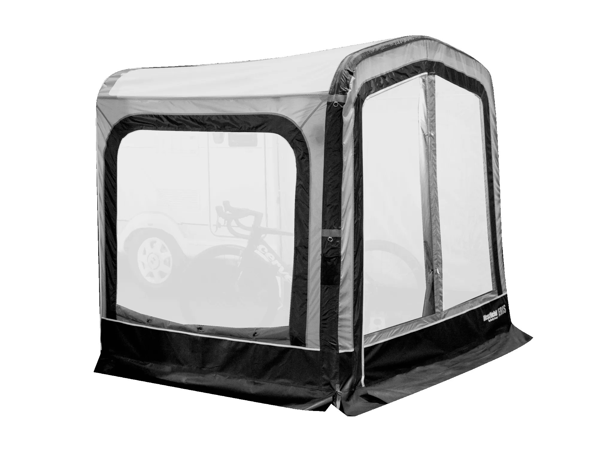 Freigestelltes Westfield Eris Premium Anbauzelt mit großen Fensterflächen und seitlichem Zugang für zusätzlichen Stauraum am Vorzelt