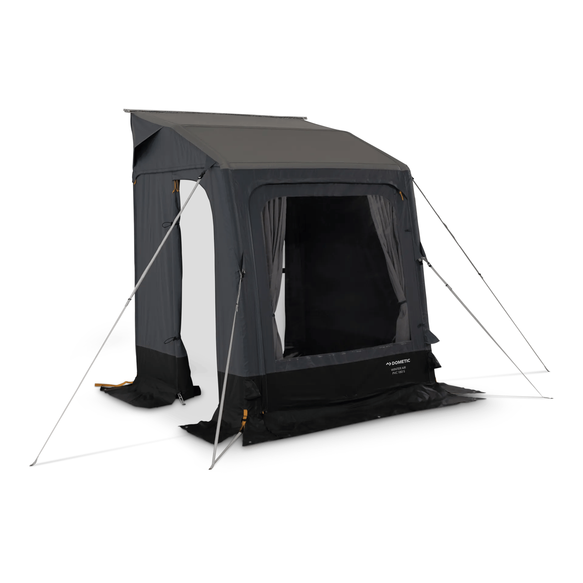 Geöffneter Seiteneingang am Dometic Winter AIR PVC 180 S Vorzelt mit großem Frontfenster und sicherer Abspannung