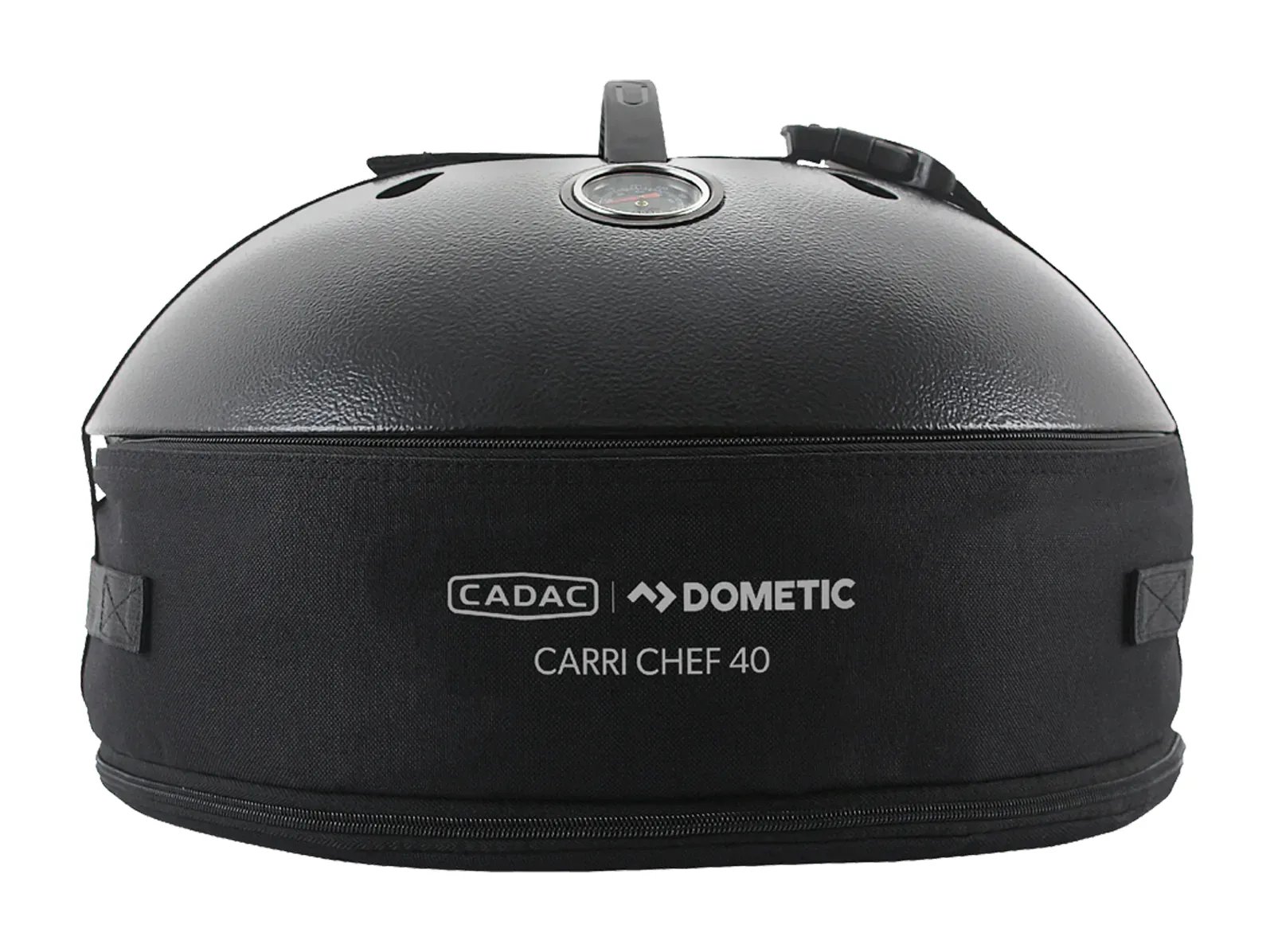 Schwarze Transporttasche für den Cadac Carri Chef 40 BBQ mit Reißverschluss, Logoaufdruck und sichtbarem Thermometer im Deckel