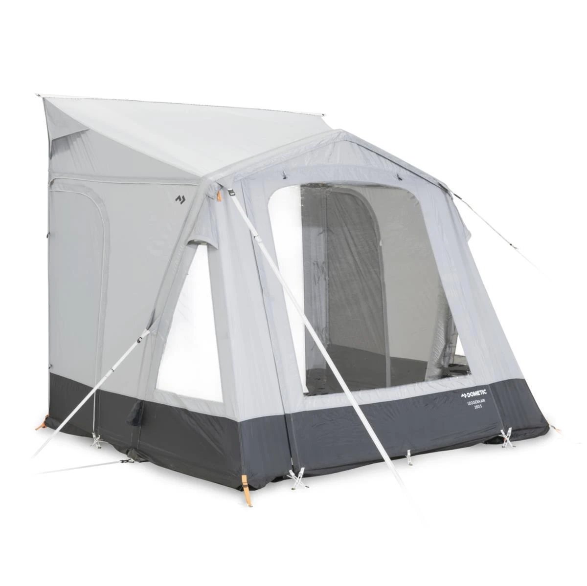 Geschlossenes Dometic Leggera AIR 260 M Vorzelt mit großem Frontfenster und dunklem Spritzschutz.