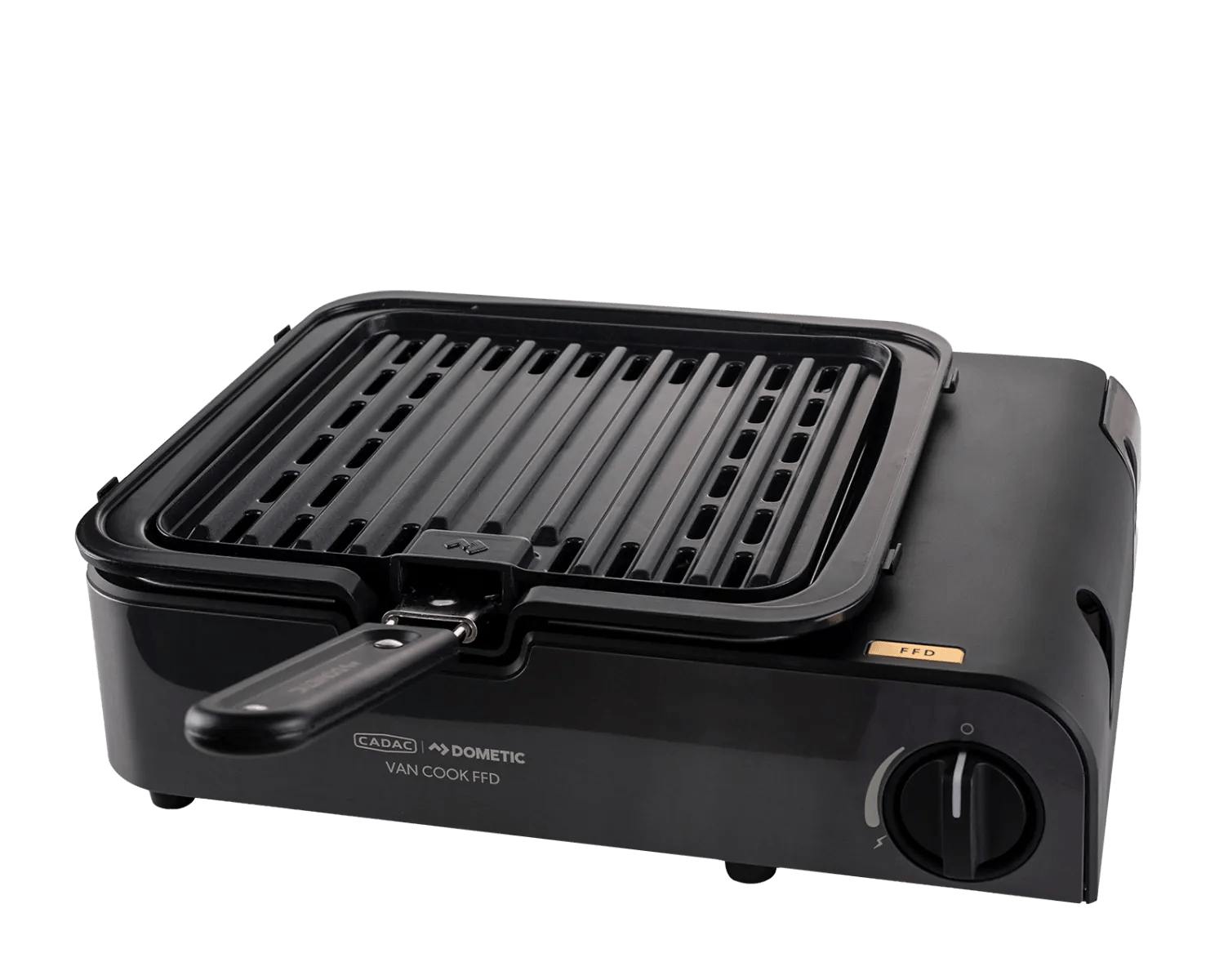 Sicht auf den CADAC Van Cook FFD Tischgrill mit gerippter Grillfläche für gleichmäßiges Grillen beim Camping und unterwegs