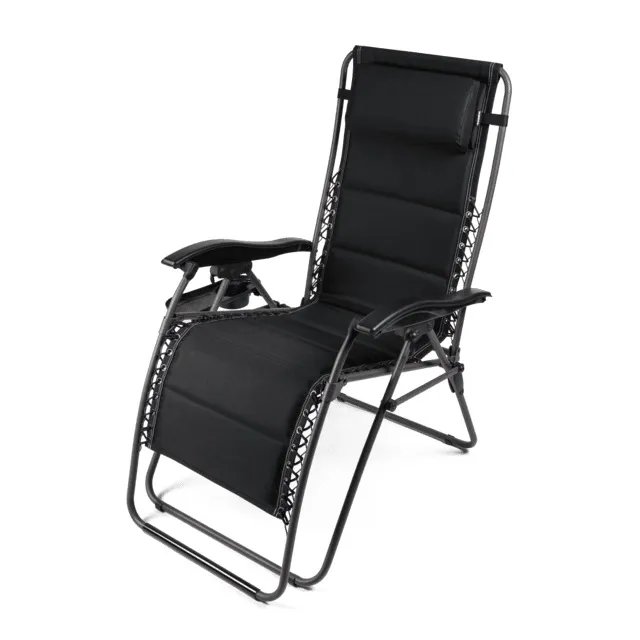 Schwarzer Dometic Opulence Firenze Relaxer mit gepolsterter Sitz- und Rückenfläche, Armlehnen und verstellbarer Liegeposition.