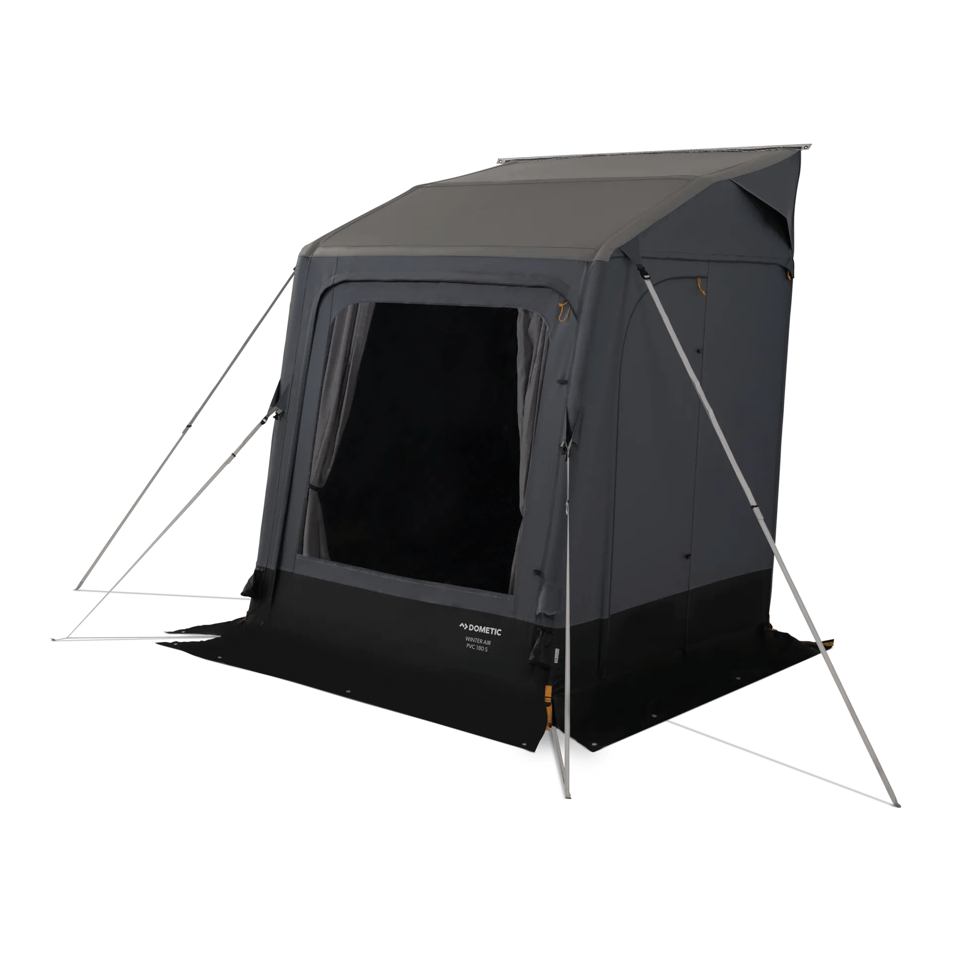 Großes Frontfenster und seitliche Abspannstangen am Dometic Winter AIR PVC 180 S Vorzelt mit schützendem Dachüberstand