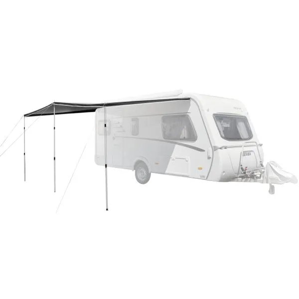 Am Wohnwagen montiertes Westfield Canopy Shady Pro Sonnendach 500 cm als leichter Wetterschutz mit Gestänge und Abspannleinen