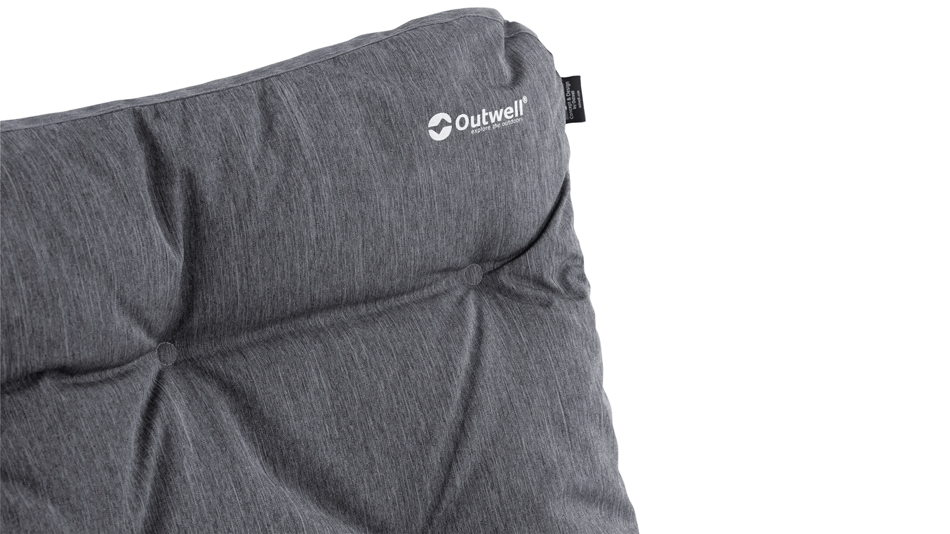 Das Kopfpolster des Outwell Fremont Lake Stuhl hebt den grauen Stoffbezug, die Steppung und das Outwell-Logo hervor.
