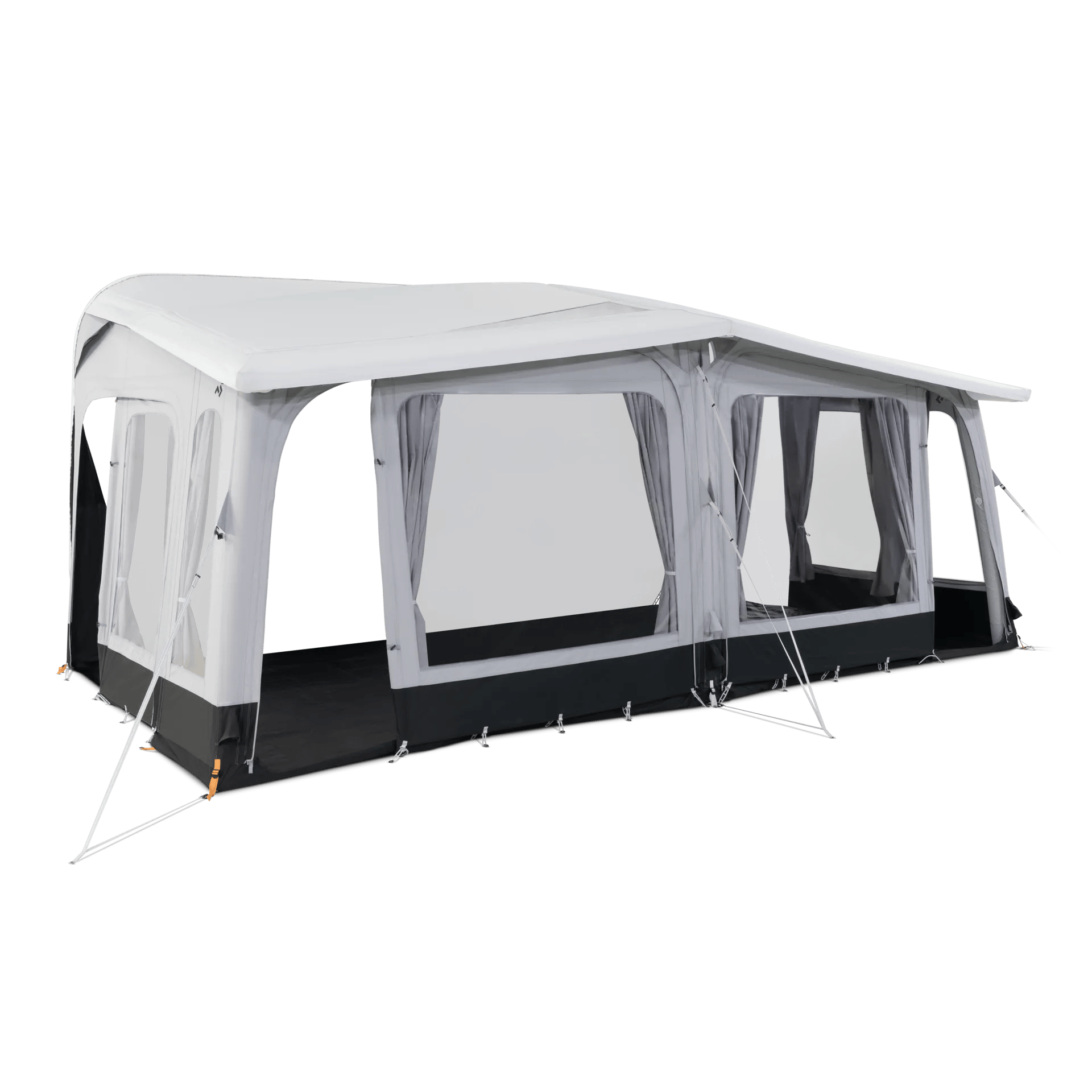 Frontansicht eines geöffneten Dometic Residence AIR Tour 18 Vorzelts mit großen Fensterflächen, aufgerollten Seiten und hellem Innenraum