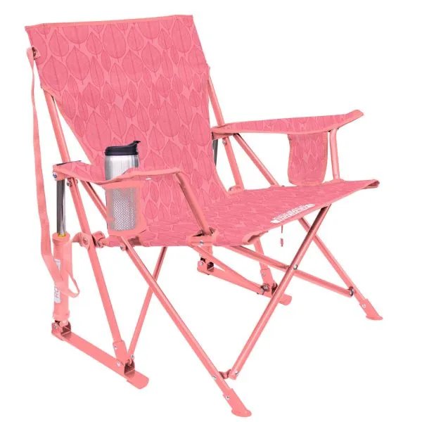 Pinkfarbener GCI Kickback Rocker mit Blattmuster, hohem Rücken, Armlehnen, Getränkehalter und klappbarem Gestell.