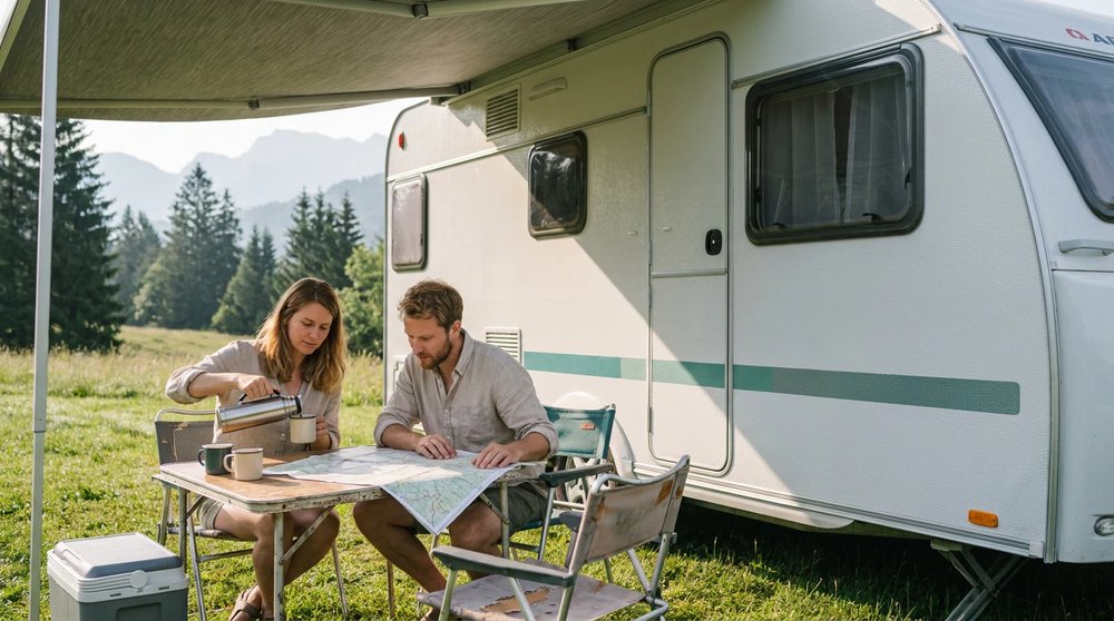 Familie beim entspannten Camping mit dem Adria Aviva