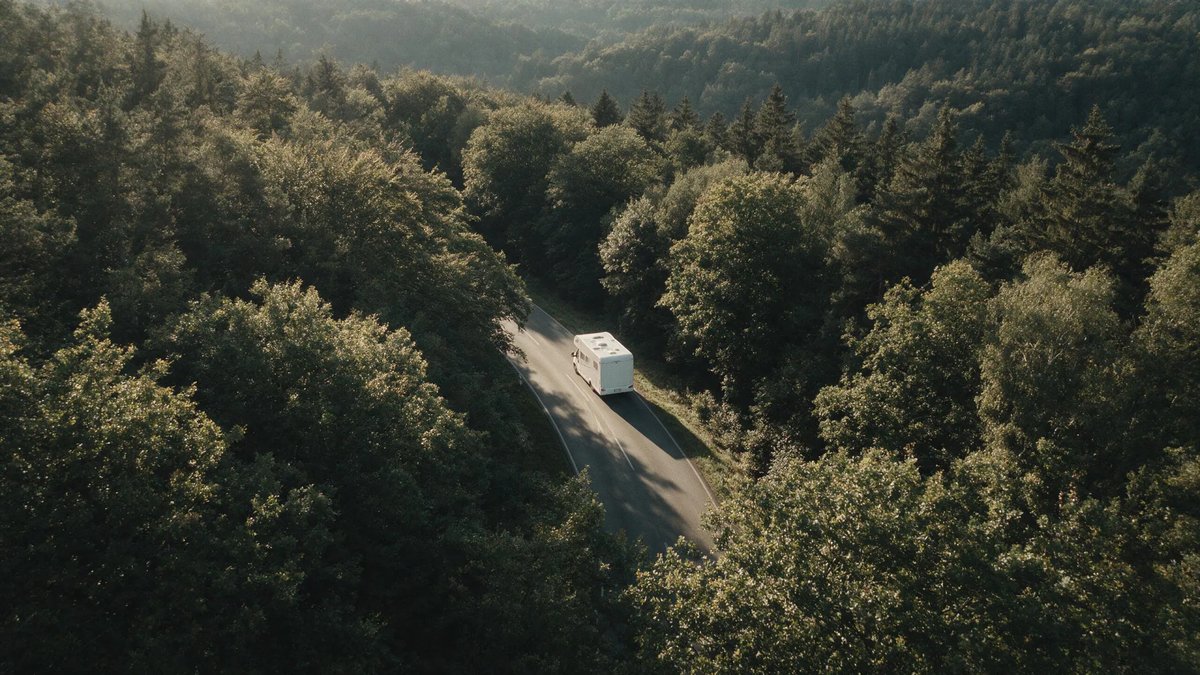 Blick von oben auf eine schmale Waldstraße, auf der ein weißes Reisemobil zwischen dichten Baumkronen fährt