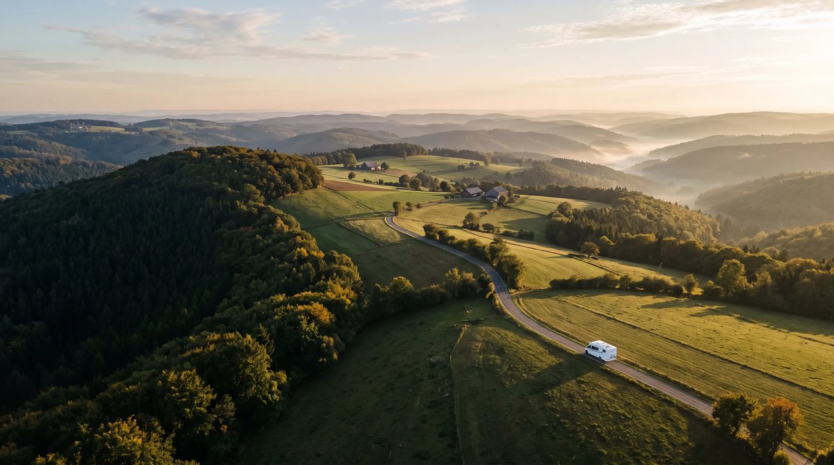 Luftaufnahme des Bergischen Landes im Morgenlicht: eine schmale Straße windet sich durch bewaldete Hügel, darauf ein weißes Wohnmobil, in den Tälern liegt Nebel