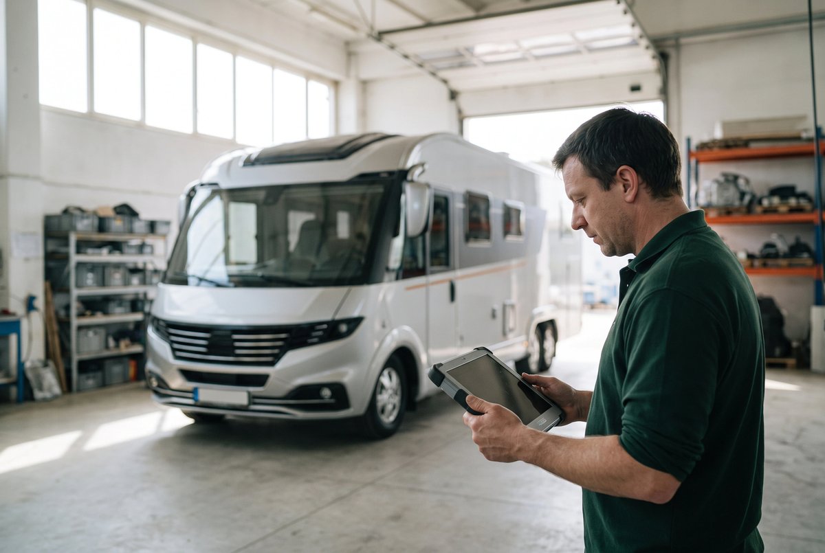 Caravantechniker prüft mit einem Diagnose-Tablet ein Reisemobil in der Werkstatt