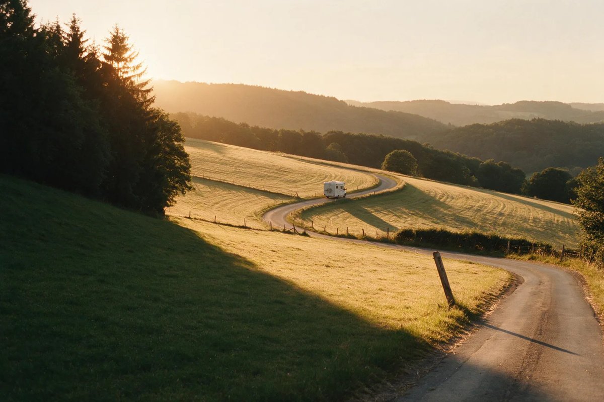 Kurvige Landstraße durch die bewaldeten Hügel des Bergischen Landes im warmen Abendlicht, darauf ein weißes Wohnmobil