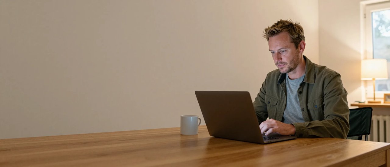 Ein Kunde sitzt abends am Holztisch vor dem Laptop und vergleicht Preise, neben ihm eine Tasse