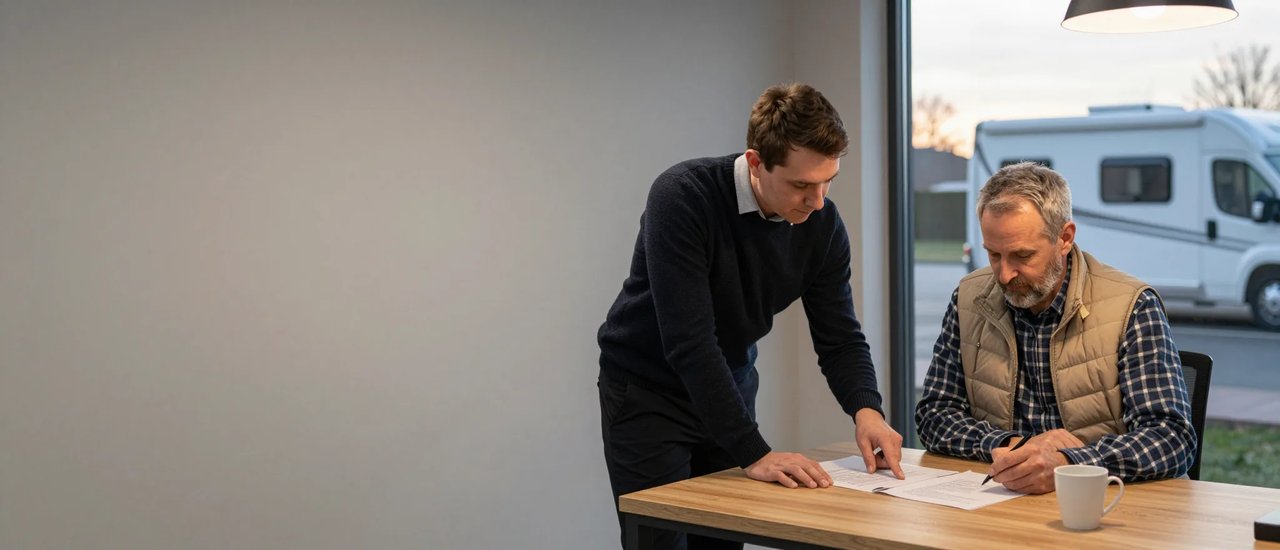 Beratung im Büro: ein Mitarbeiter und ein Fahrzeugbesitzer gehen am Tisch die Unterlagen durch, hinter dem Fenster steht ein Reisemobil auf dem Hof