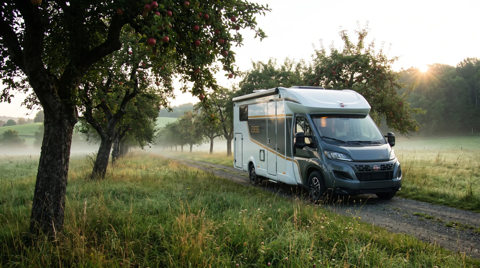 Bürstner B66 Wohnmobil auf einem Feldweg in einer Streuobstwiese, Morgennebel über der Wiese und tief stehende Sonne hinter den Apfelbäumen