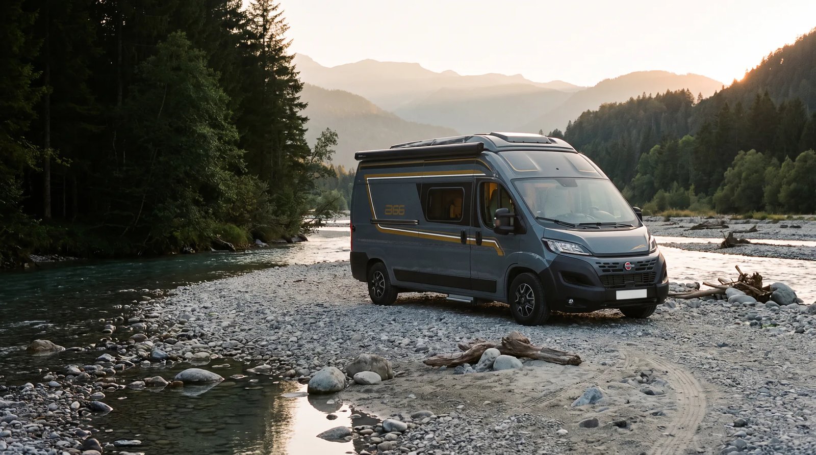 Bürstner B66 Camper Van auf einer Kiesbank an einer Flussschleife im Abendlicht, Einstiegsseite mit Schiebetür zur Kamera