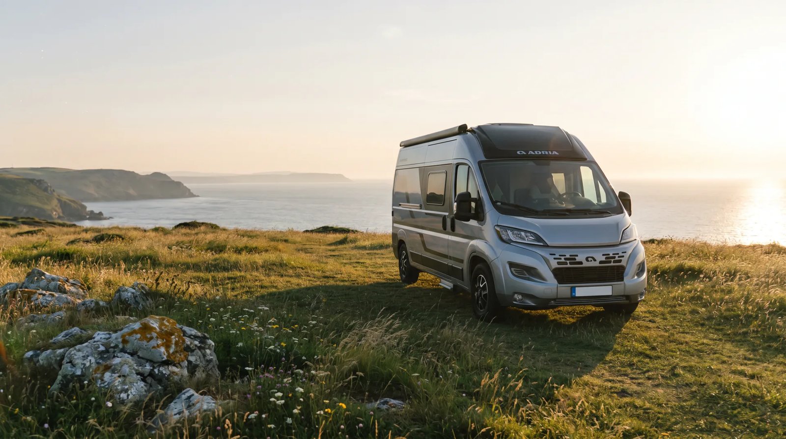Adria Twin 2027 - grauer Campervan in einer premium Naturkulisse bei goldenem Abendlicht