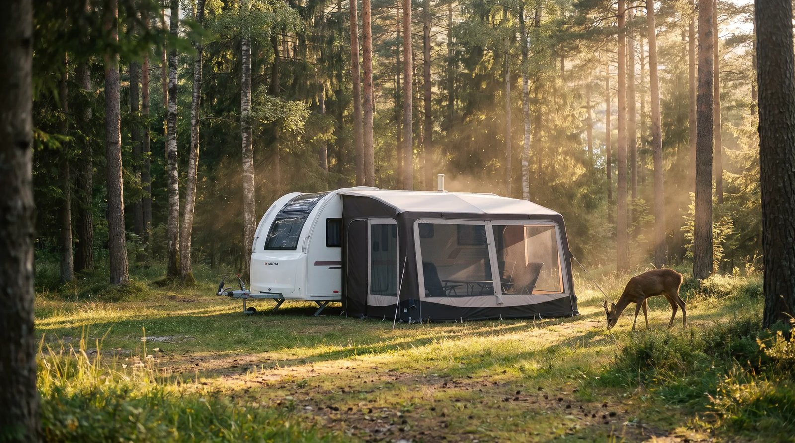 TELTA Pure Vorzelt mit zweifarbiger Bespannung, geschwungenem Wellenband und Fliegengitter-Fenstern am Adria-Adora-Caravan, ohne Zugfahrzeug, in einem lichten Wald bei goldener Stunde, ein Reh äst im Hintergrund