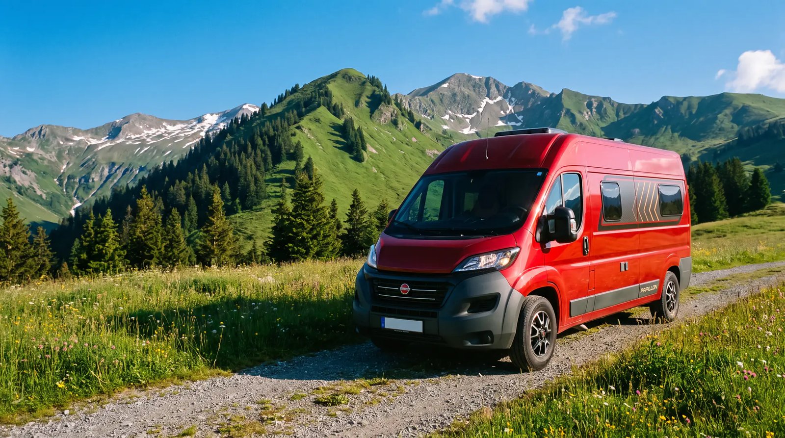 Bürstner Papillon - roter Camper Van auf einem Schotterweg über einer grünen Bergwiese, dahinter bewaldeter Grat und schneegestreifte Gipfel im Sonnenlicht