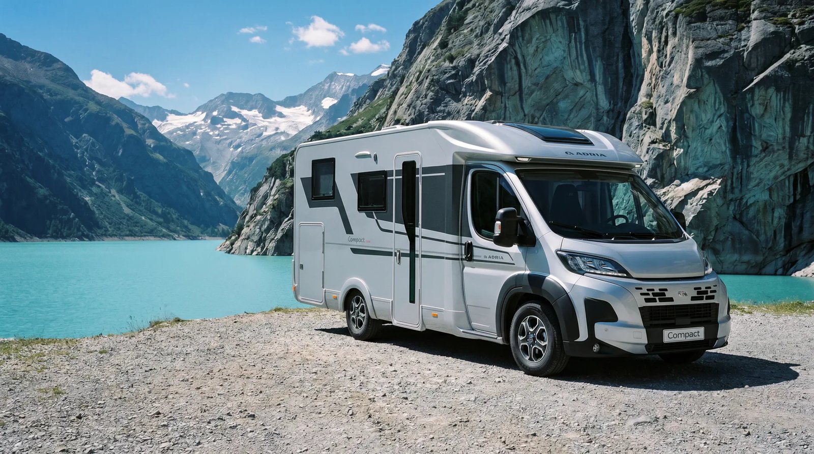 Adria Compact 2027 an einem Bergsee in einer Schlucht